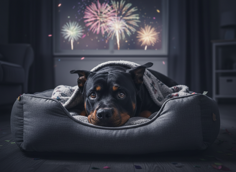A dog visibly anxious in its bed during fireworks